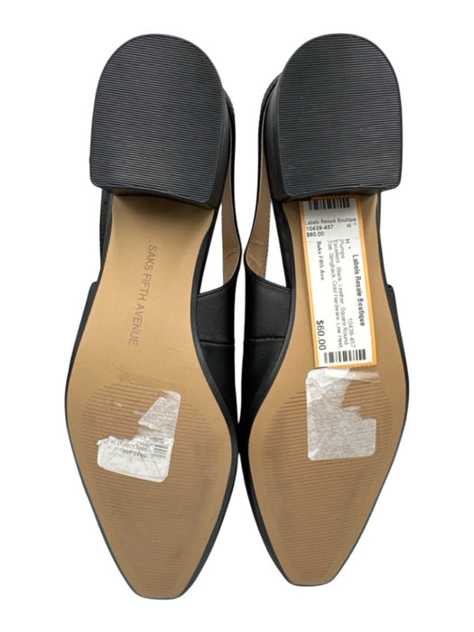 Saks Fifth Ave Black Leather Square Round Toe Slingback Gold Hardware Pumps Black