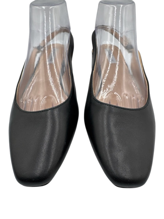 Saks Fifth Ave Black Leather Square Round Toe Slingback Gold Hardware Pumps Black
