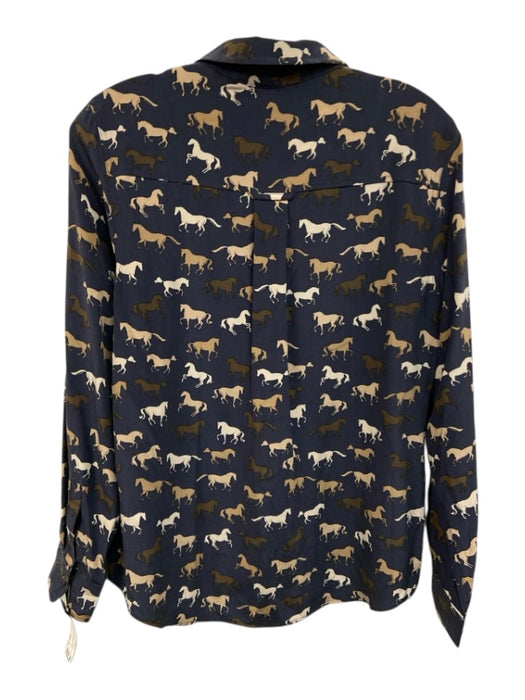 Rails Size S Navy, Cream & Taupe Washed Silk Long Sleeve Horses Patch Pocket Top Navy, Cream & Taupe / S