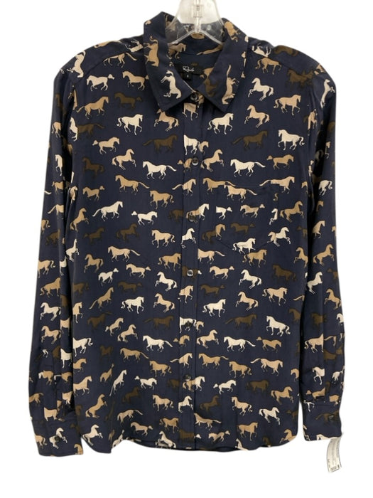 Rails Size S Navy, Cream & Taupe Washed Silk Long Sleeve Horses Patch Pocket Top Navy, Cream & Taupe / S