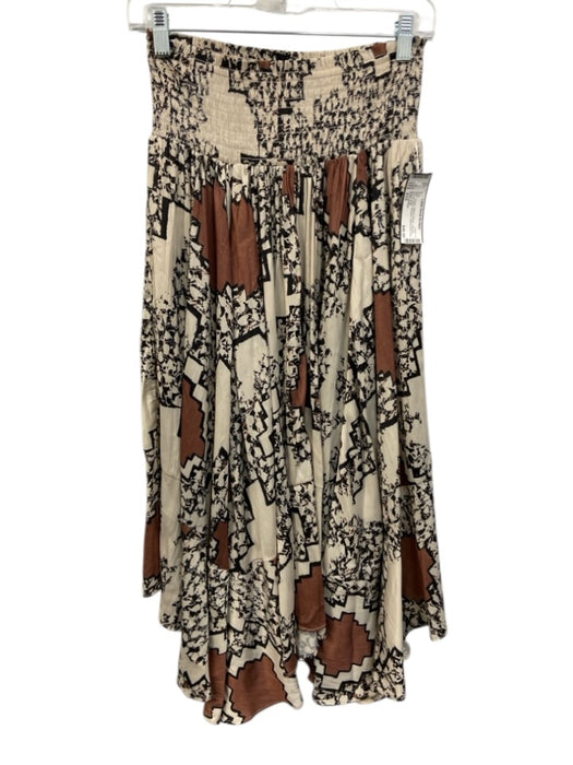 Anthropologie Size XXS Cream, Black & Brown Viscose Shirred Waist Abstract Skirt Cream, Black & Brown / XXS