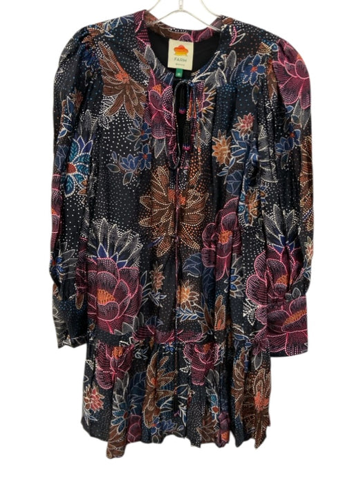 Farm Rio Size XS Black, Pink & Multi Viscose Long Balloon Sleeve V Neck Dress Black, Pink & Multi / XS