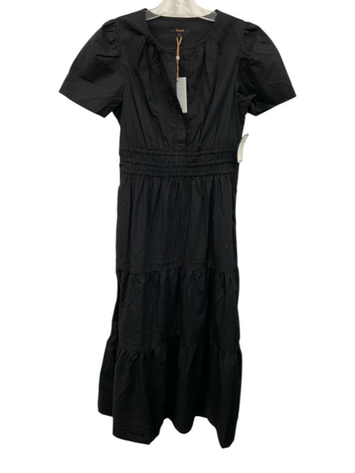 Quince Size S Black Cotton Short Sleeve Elastic Waist V Neck Maxi Dress Black / S