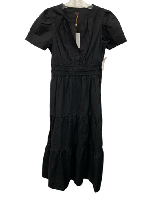 Quince Size S Black Cotton Short Sleeve Elastic Waist V Neck Maxi Dress Black / S