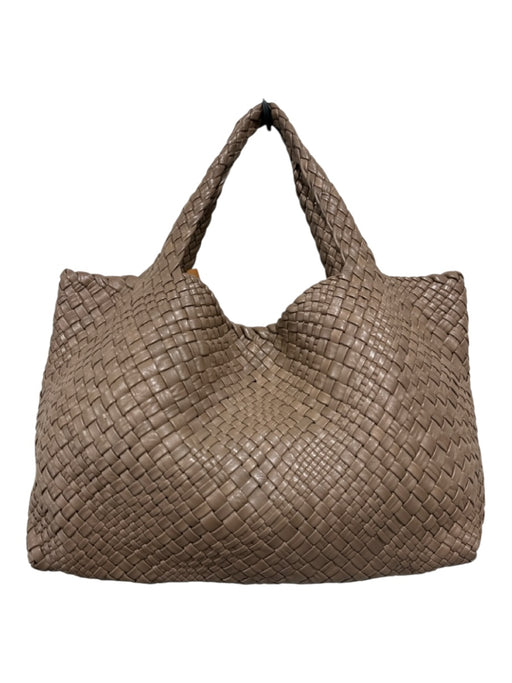 Falor Taupe Leather Woven Magnetic Clasp Top Handle Bag Taupe