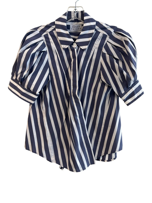 Tanya Taylor Size 4 Blue & White Cotton Short Puff Sleeve Wide Stripe Top Blue & White / 4