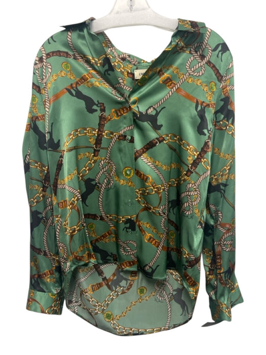 L'agence Size S Green Multi Silk  Accordion Pleat V Neck Long Sleeve Printed Top Green Multi / S