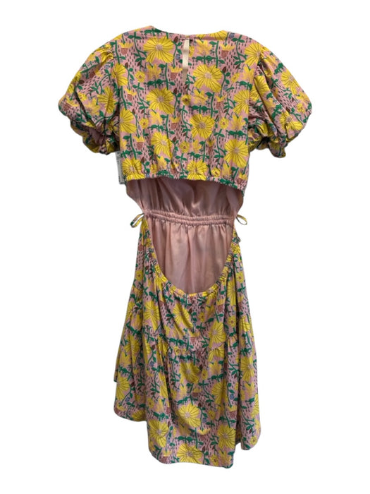 Hausen Size L Pink, Yellow, & Green Cotton Smock neck Button Back Dress Pink, Yellow, & Green / L