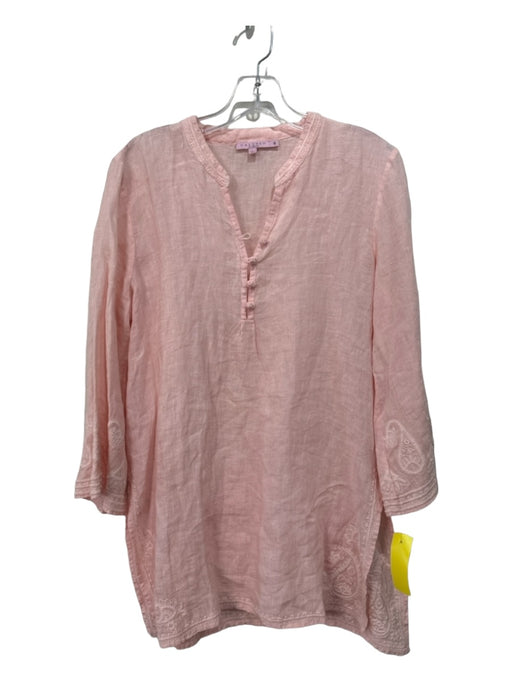 Calypso Size S Pale Pink Linen V Neck 1/4 Button Embroidered Long Sleeve Top Pale Pink / S