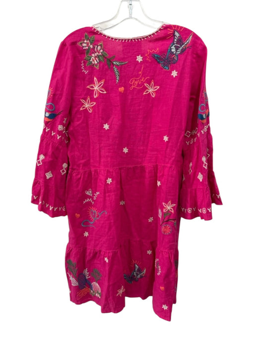 Johnny Was Size M Hot Pink & Multi Linen Embroidered V Neck Long Sleeve Dress Hot Pink & Multi / M