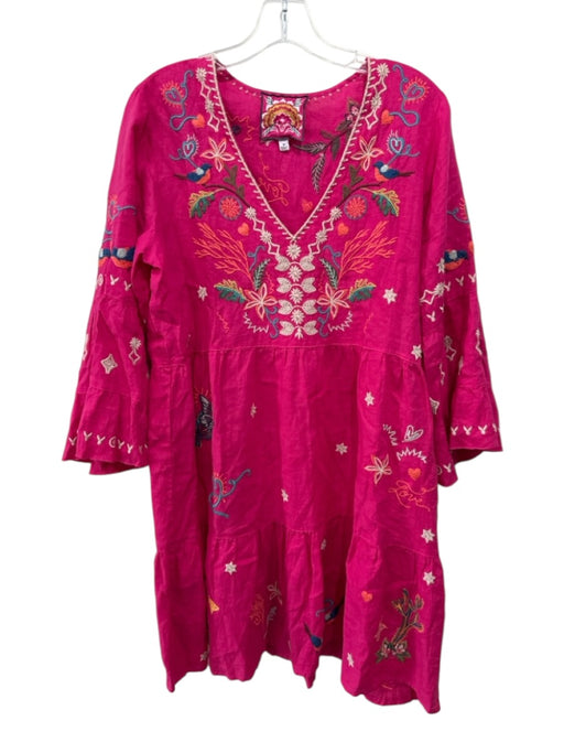 Johnny Was Size M Hot Pink & Multi Linen Embroidered V Neck Long Sleeve Dress Hot Pink & Multi / M