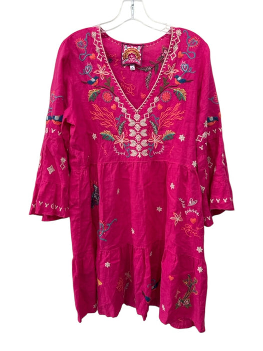 Johnny Was Size M Hot Pink & Multi Linen Embroidered V Neck Long Sleeve Dress Hot Pink & Multi / M