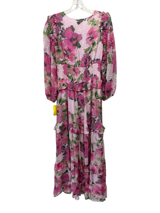 Shoshanna Midnight Size 6 Pink & Green Viscose Floral Swiss Dot V Neck Dress Pink & Green / 6