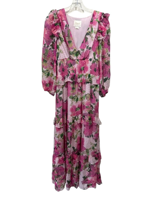 Shoshanna Midnight Size 6 Pink & Green Viscose Floral Swiss Dot V Neck Dress Pink & Green / 6