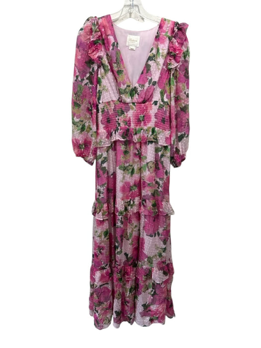Shoshanna Midnight Size 6 Pink & Green Viscose Floral Swiss Dot V Neck Dress Pink & Green / 6
