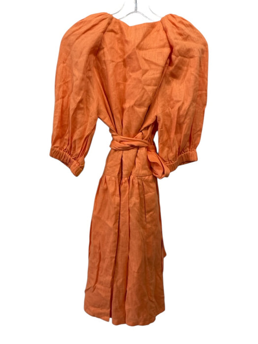 Undra Celeste New York Size M Orange Linen Short Puff Sleeve Wrap V Neck Dress Orange / M