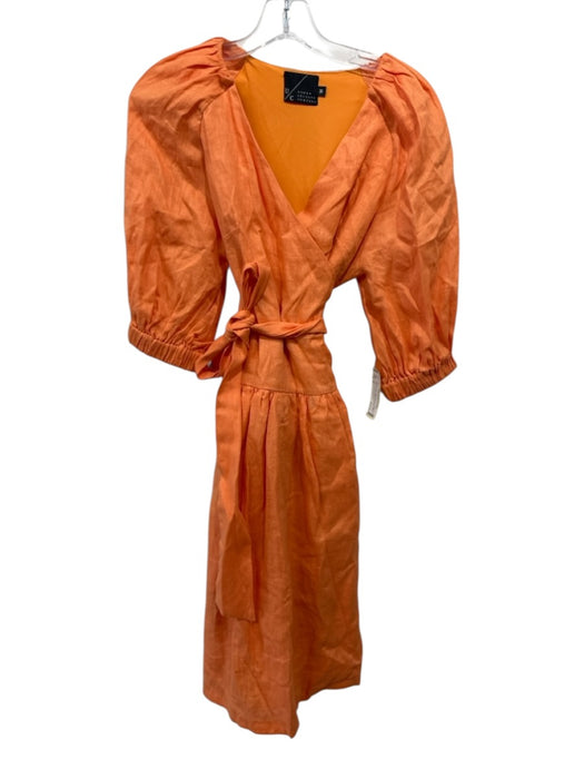 Undra Celeste New York Size M Orange Linen Short Puff Sleeve Wrap V Neck Dress Orange / M