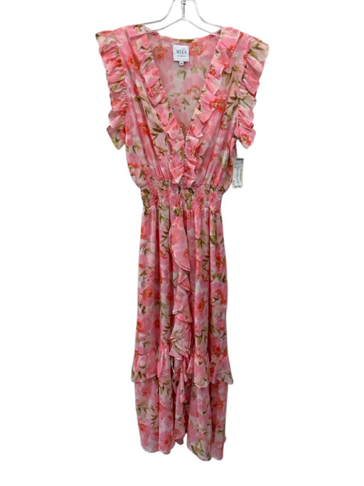 Misa Size M Pink & Green Polyester Floral Ruffle Sleeveless V Neck Dress Pink & Green / M