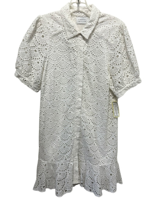 Tanya Taylor Size 8 White Cotton Floral Eyelet Short Sleeve Button Front Dress White / 8