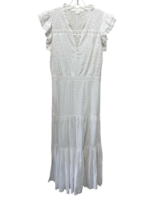 Veronica Beard Size 8 White Cotton Eyelet Ruffle Cap Sleeve Front Slit Dress White / 8
