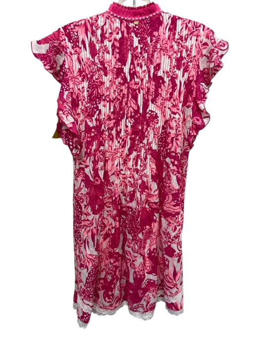 Poupette St. Barth Size M Pink & White Viscose Botanical Print V Neck Dress Pink & White / M