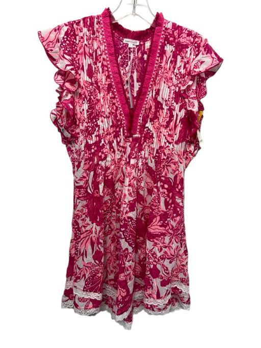 Poupette St. Barth Size M Pink & White Viscose Botanical Print V Neck Dress Pink & White / M