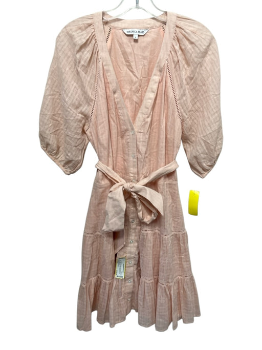Veronica Beard Size 8 Beige Pink Cotton Short Puff Sleeve V Neck Dress Beige Pink / 8