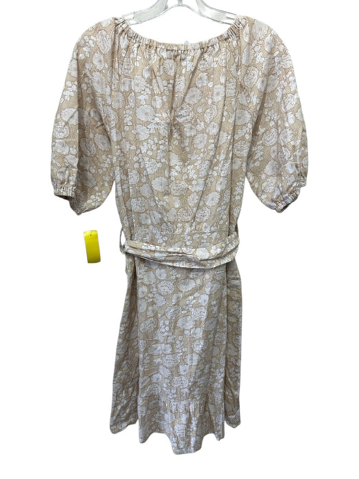 Saks Fifth Avenue Size S Beige & White Linen & Cotton Floral Elastic Neck Dress Beige & White / S