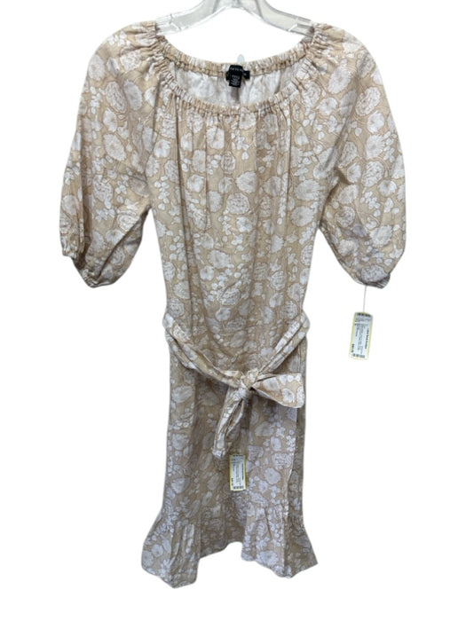 Saks Fifth Avenue Size S Beige & White Linen & Cotton Floral Elastic Neck Dress Beige & White / S