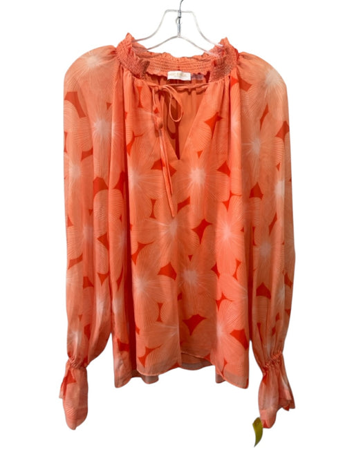 Ramy Brook Size S Orange Polyester Floral Long Balloon Sleeve Tie V Neck Top Orange / S