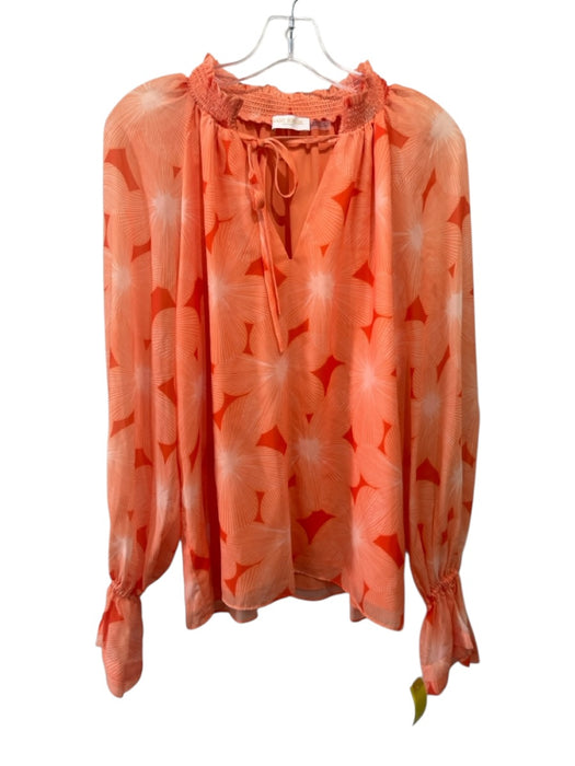 Ramy Brook Size S Orange Polyester Floral Long Balloon Sleeve Tie V Neck Top Orange / S
