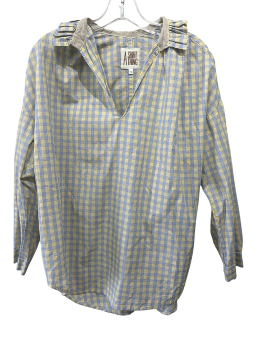 A Shirt Thing Size S Blue & Yellow Cotton Plaid V Neck Long Sleeve Top Blue & Yellow / S