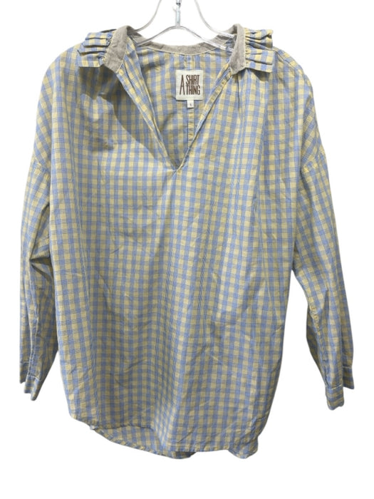 A Shirt Thing Size S Blue & Yellow Cotton Plaid V Neck Long Sleeve Top Blue & Yellow / S