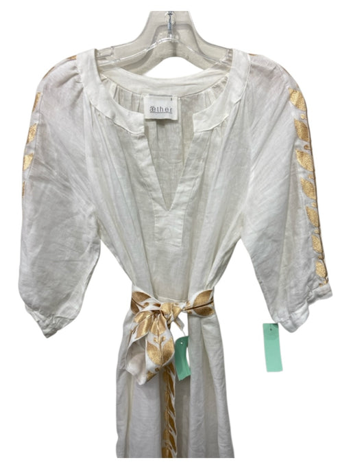 Aether Size S White & Gold Cotton 1/2 Sleeve Metallic Embroidery V Neck Dress White & Gold / S