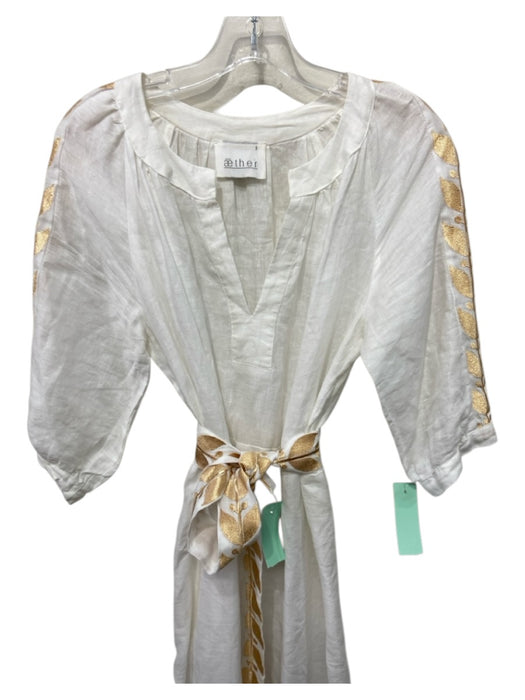 Aether Size S White & Gold Cotton 1/2 Sleeve Metallic Embroidery V Neck Dress White & Gold / S