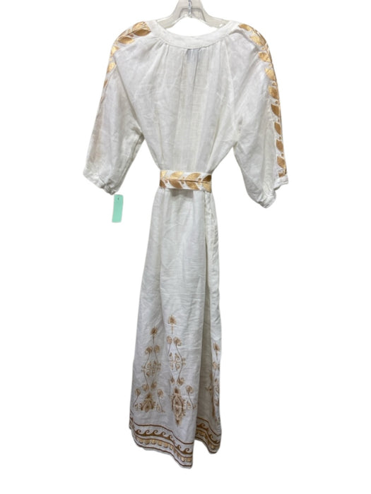 Aether Size S White & Gold Cotton 1/2 Sleeve Metallic Embroidery V Neck Dress White & Gold / S