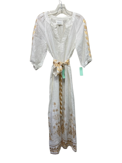 Aether Size S White & Gold Cotton 1/2 Sleeve Metallic Embroidery V Neck Dress White & Gold / S
