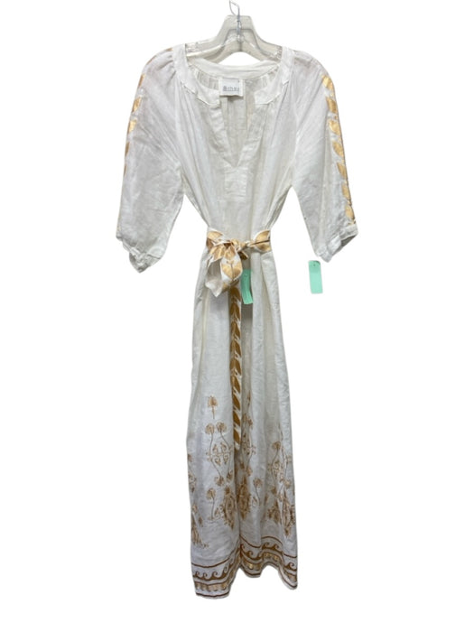 Aether Size S White & Gold Cotton 1/2 Sleeve Metallic Embroidery V Neck Dress White & Gold / S