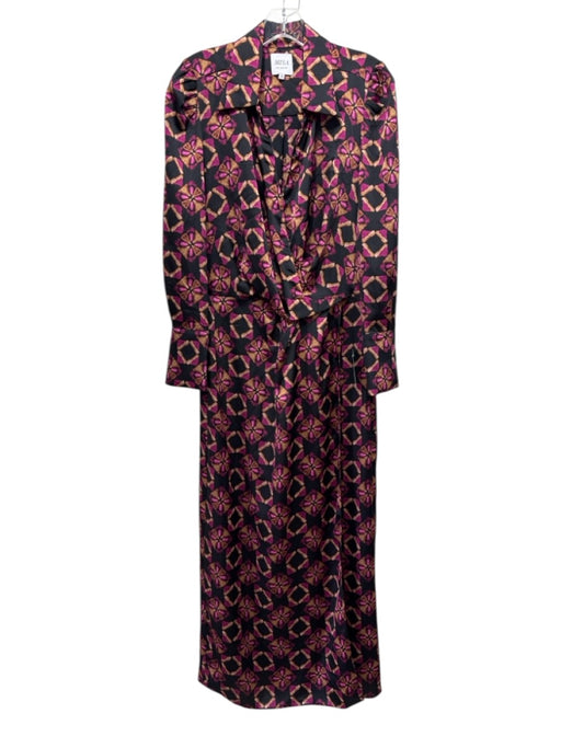 Misa Size S Black, Brown & Pink Polyester Geometric Long Sleeve V Neck Dress Black, Brown & Pink / S