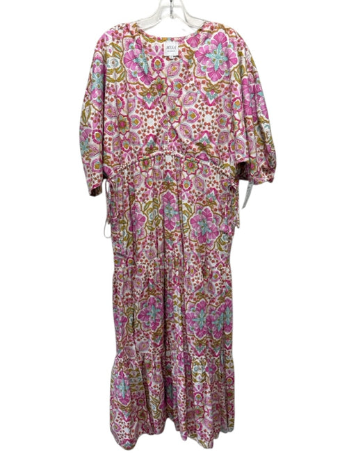 Misa Size S White, Pink & Multi Polyester Floral V Neck Drawstring Waist Dress White, Pink & Multi / S