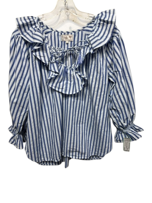 Mille Resort & Travel Size S Mixed Blues Cotton Striped 3/4 Balloon Sleeve Top Mixed Blues / S