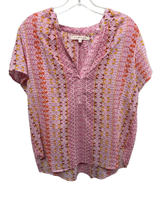 XiRENA Size M Pink & Yellow Cotton Geometric Cap Sleeve V Neck Top Pink & Yellow / M