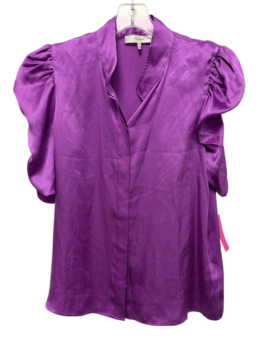 Frame Size M Purple Silk Short Puff Sleeve Jacquard Buttons Blouse Top Purple / M