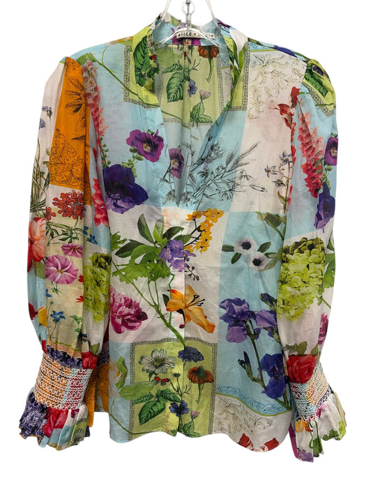 Alice + Olivia Size M Blue, Green, Multi Cotton & Silk Long puff sleeve Top Blue, Green, Multi / M