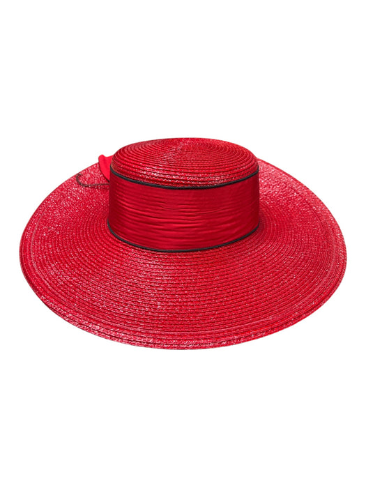 Plaza Suite by Betmar Red Straw Ribbon Applique Piping Made in USA wide brim Hat Red