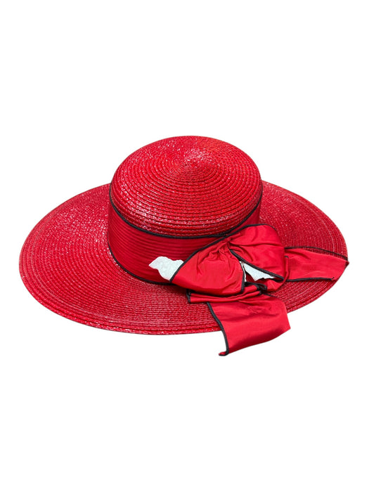 Plaza Suite by Betmar Red Straw Ribbon Applique Piping Made in USA wide brim Hat Red