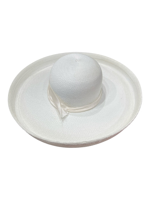 Deisgned by Sylvia White Straw & Canvas Ribbon Wide Brim Hat White