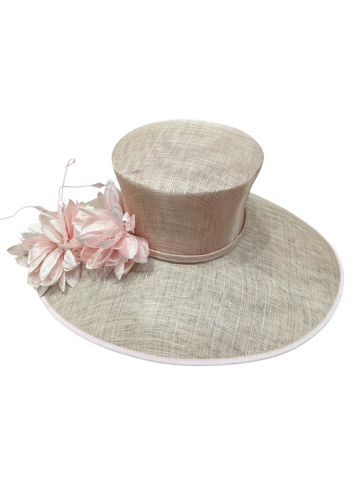 Emma B Pink Sinamay Wide Brim Flowers Semi Sheer Trim Hat Pink