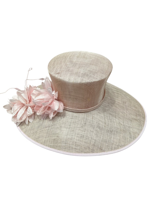 Emma B Pink Sinamay Wide Brim Flowers Semi Sheer Trim Hat Pink