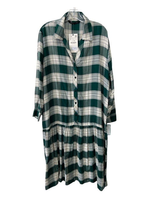 Zara Size L Green White Black Viscose Plaid Collared Button Up Long Sleeve Dress Green White Black / L